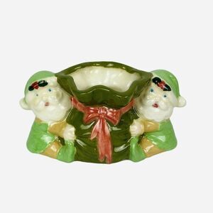 Vintage 1980s Duncan Enterprises Ceramic Elf Planter Santa Toy Bag Christmas